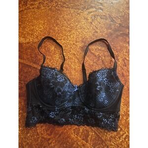 ADORE ME Black Blue‎ Lace Balconette Bra 34D Underwire Adjustable Straps